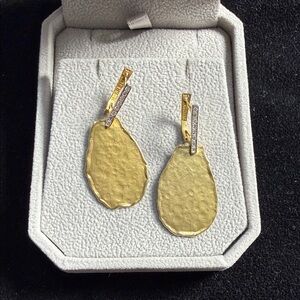 I Reiss 14k Gold Hammered Teardrop Dangle Earrings with Diamond Pave Accent